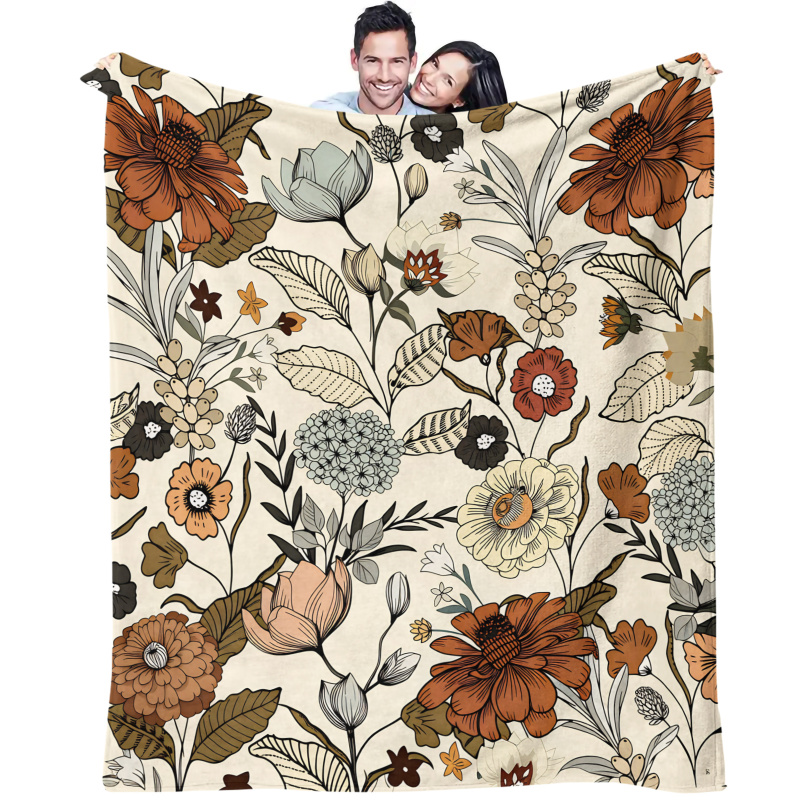Neutral Throw Blanket - Selimut Fleece Motif Bunga Botani Vintage