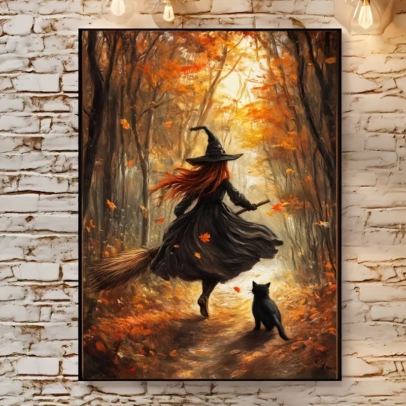 Home Decor Quirky - Lukisan Kanvas Poster Gambar Penyihir Halloween