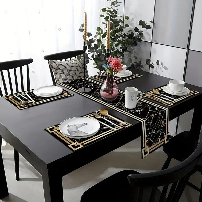 Linen Table Runner - VIKAMA Set Alas Meja Marmer Hitam