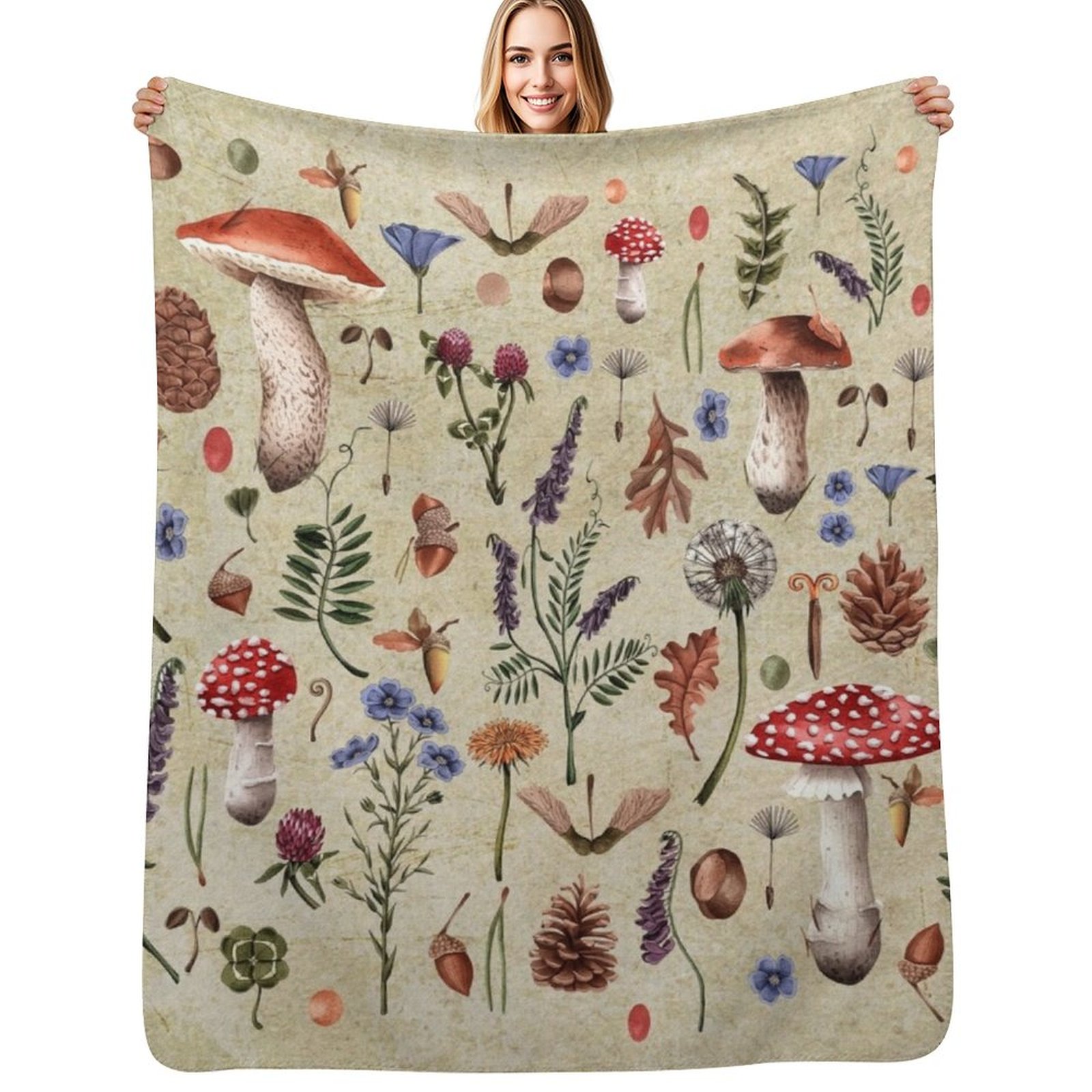 Jamur botani retro, bunga liar - Neutral Throw Blanket ulasan dan harga