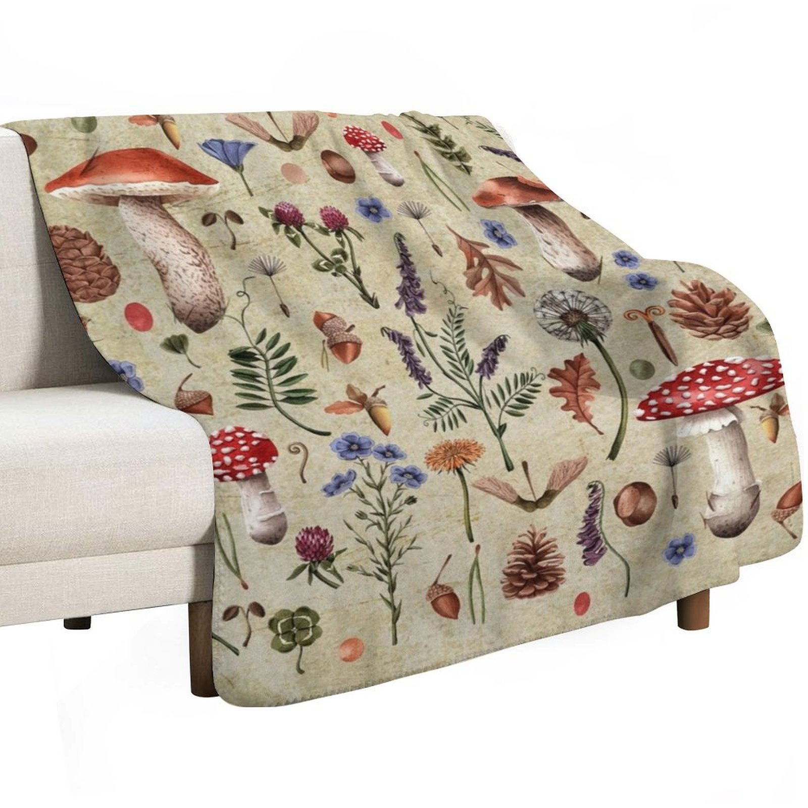 Jamur botani retro, bunga liar - Neutral Throw Blanket ulasan dan harga